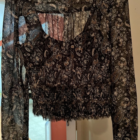 Twyla Sheer Black Sheer Smocked Long Sleeve Crop Top|NWOT| SM - Picture 3 of 3